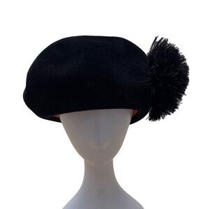 Black Bellini Originals Wool Beret Hat With Pom Pom Accent & Pink Lining